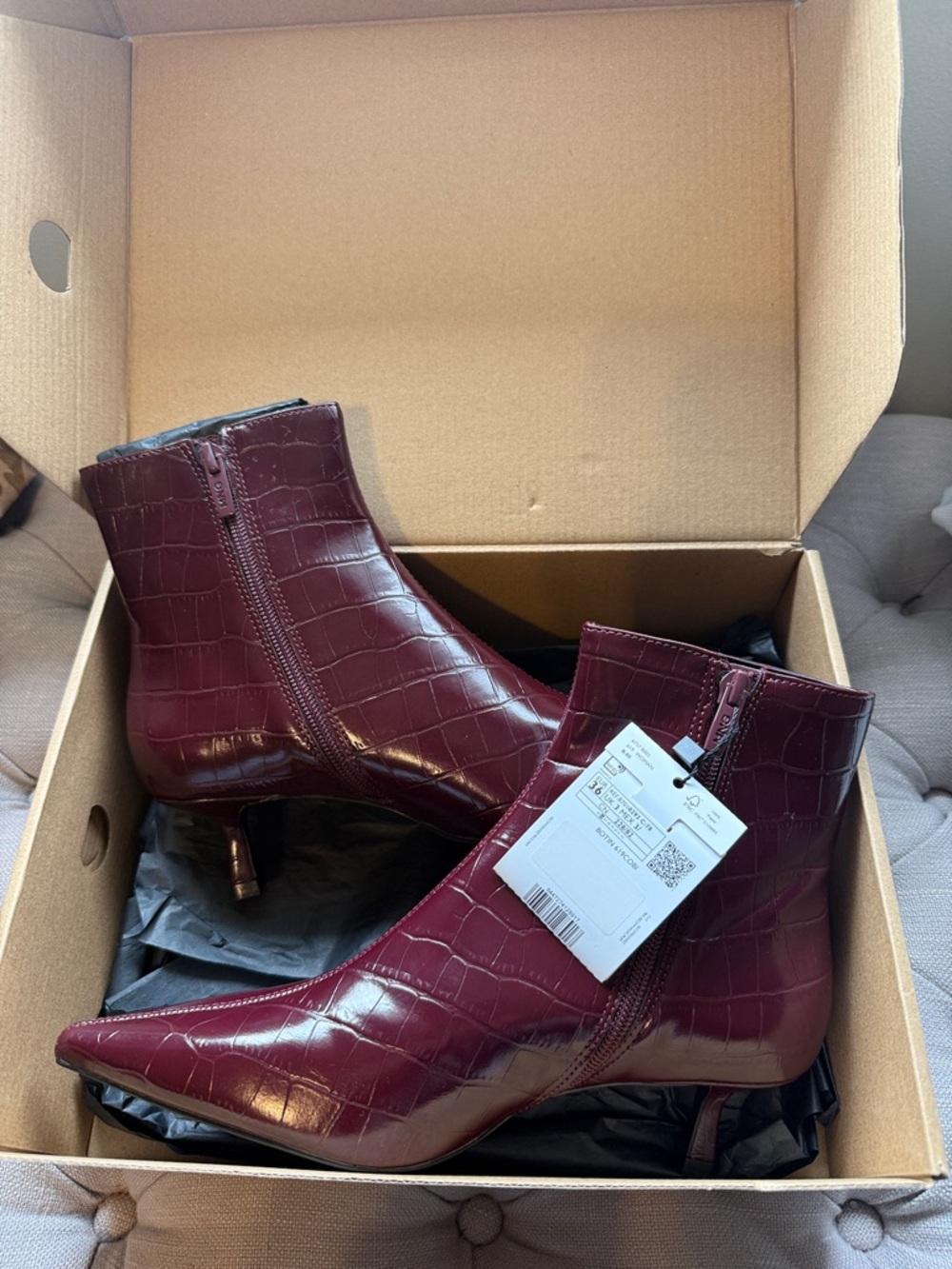 Mango Burgundy Croc-Embossed Leather Ankle Boots plum